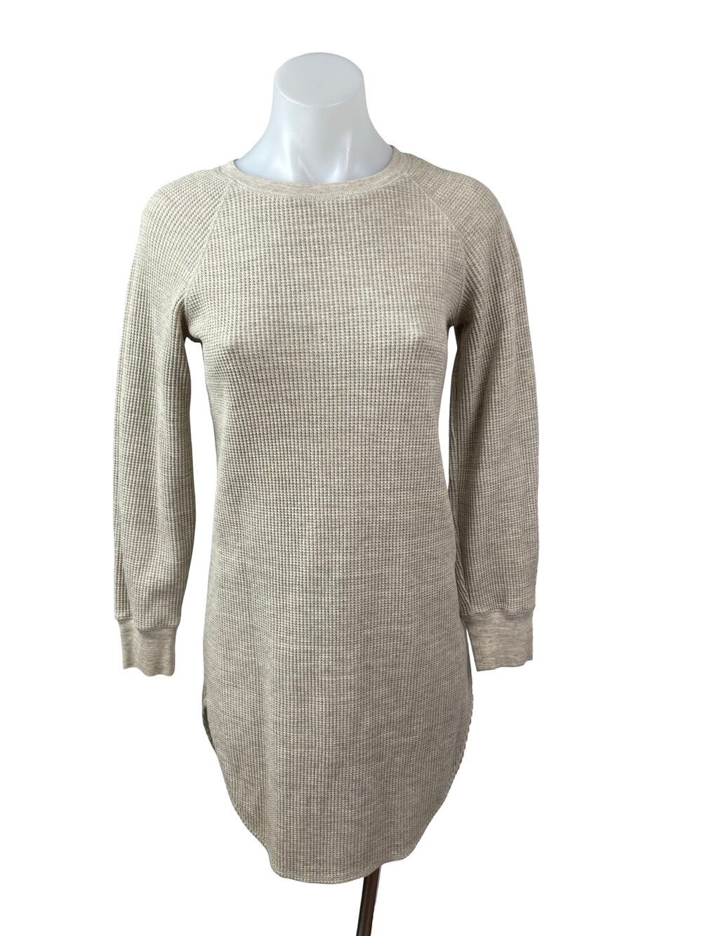 Uniqlo Beige Long Sleeve Waffle Knit Crewneck Thermal Mini Sweater Dress Sz XXS